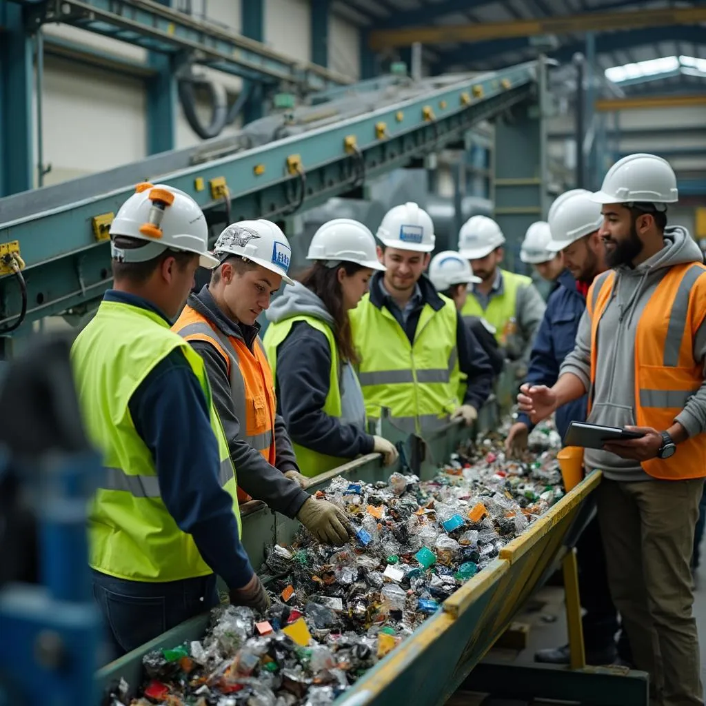Empleados trabajando en la planta de reciclaje